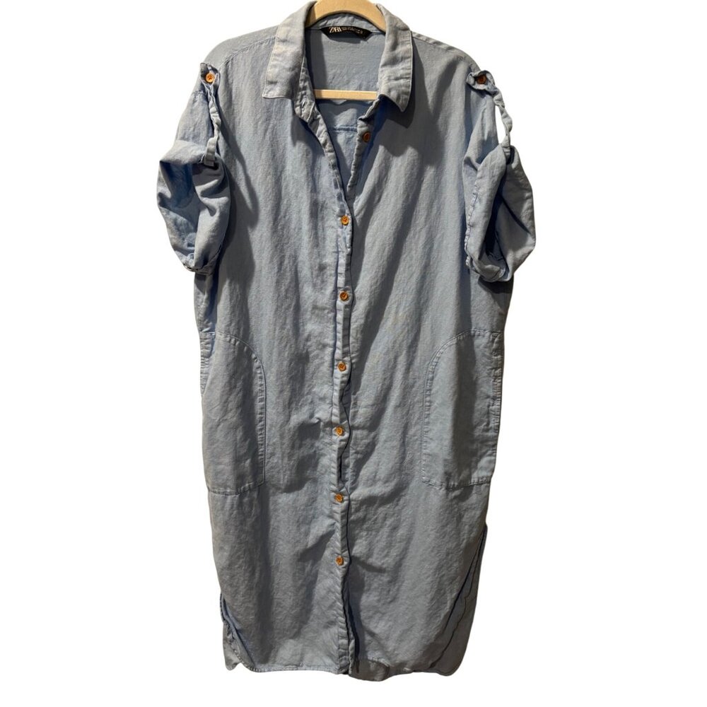 Zara Button-Up Light Blue Midi Shirt Dress With Rolled Sleeves Front Pockets